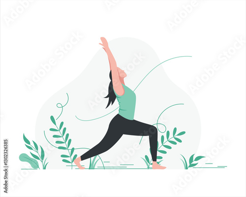 Woman practicing yoga in nature. Young female character in warrior pose with green plants in background. Flat vector illustration for wellness, meditation, and healthy lifestyle concepts