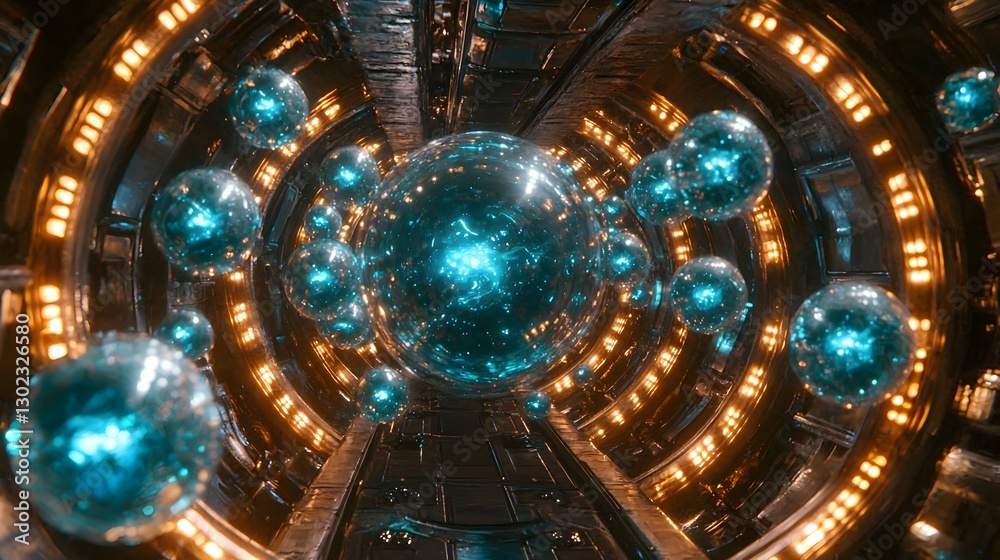 Obraz premium Futuristic energy spheres swirling in a technological tunnel, glowing lights background, science fiction backdrop