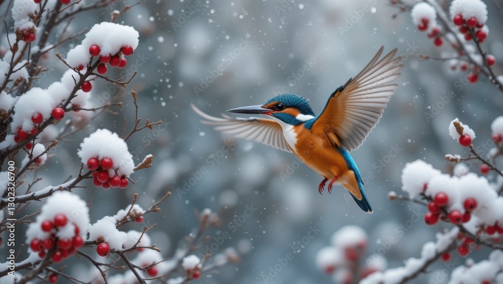 Obraz premium Colorful Kingfisher Bird Flying Among Snowy Branches with Red Berries in Winter Landscape