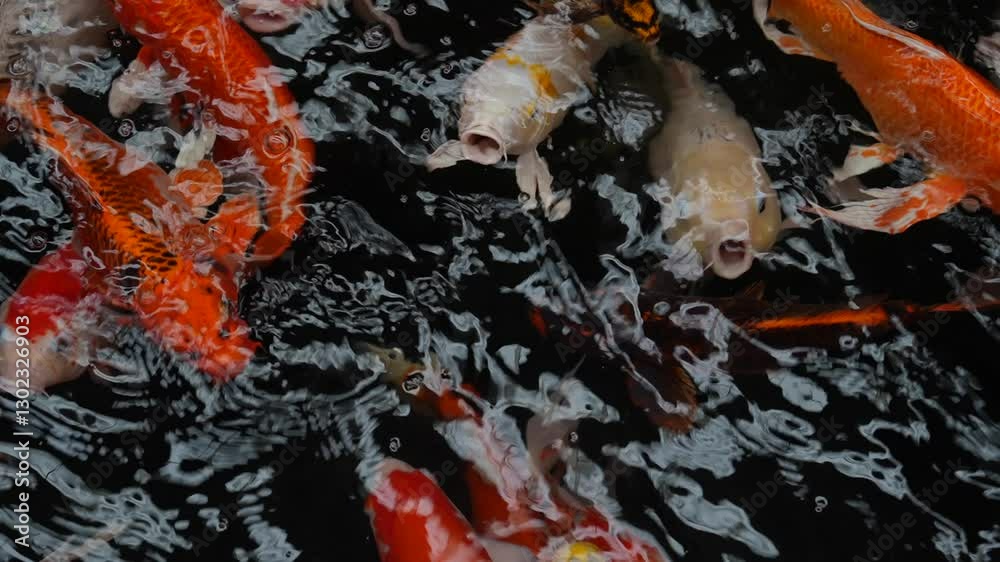 Colorful koi fish swimming in serene pond with rippling water reflections Colorful koi fish swimming in serene pond with rippling water reflections