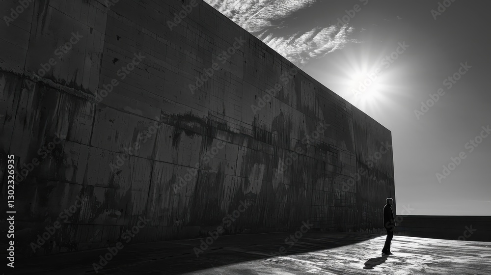 Fototapeta premium Contemplative Solitude in a Stark Landscape Under a Bright Sunlight in Black and White
