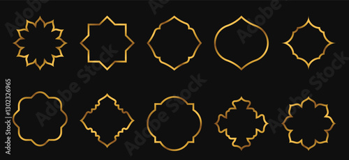 Set of 10 Islamic ornamental frames. Arabic-style golden geometric borders with traditional shapes on black background. Vector collection for invitation, greeting card, and decorative design