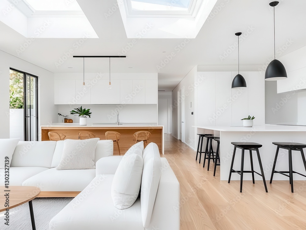 Fototapeta premium Spacious twin homes with openplan interiors and skylights, Real Estate Twin House, bright and airy design