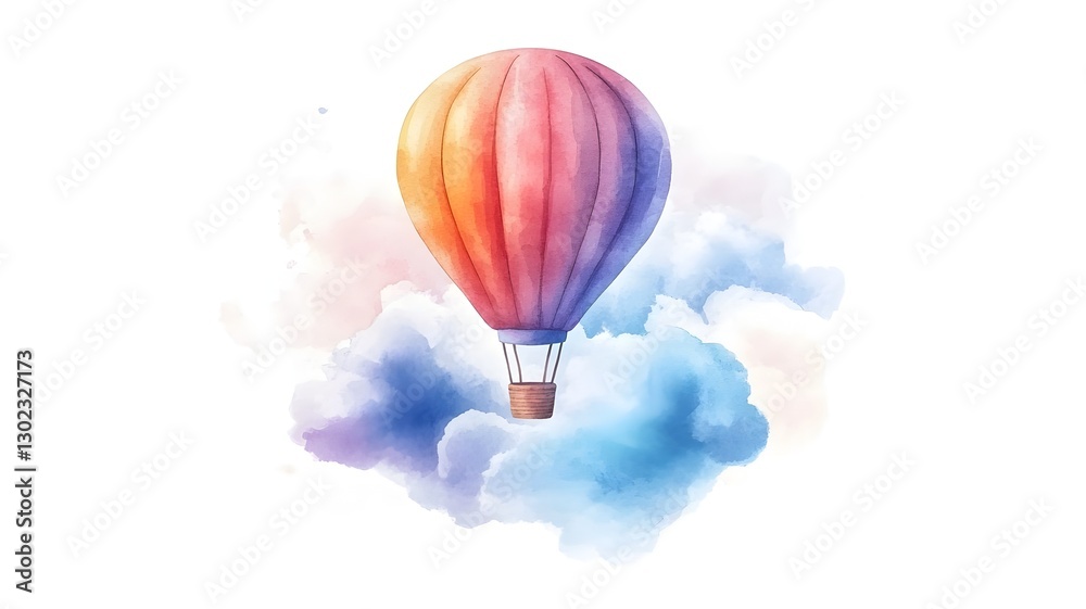 Obraz premium Vibrant hot air balloon ascending gracefully in a bright blue sky with fluffy clouds