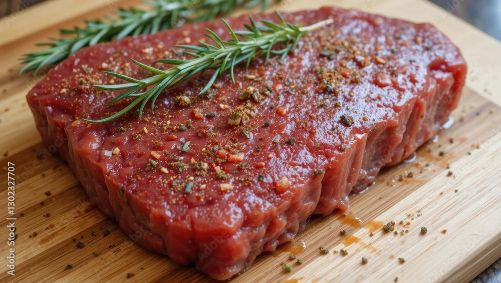 Raw Steak Seasoned with Spices and Fresh Herbs on a Wooden Cutting Board Raw Steak Seasoned with Spices and Fresh Herbs on a Wooden Cutting Board