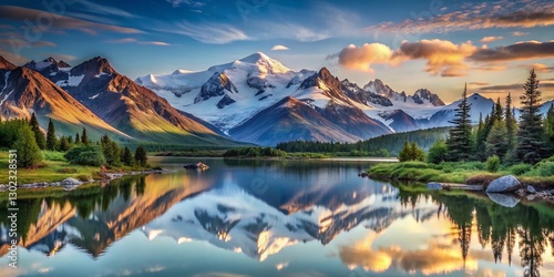 Alaskan Wilderness: Majestic Mountains & Glacial Lake at Dawn - Stock Photo