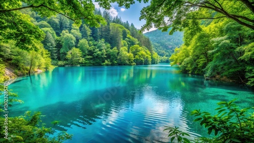 Serene turquoise lake nestled among dense green foliage , calming, tranquil,  calming, tranquil, nature, scenic, natural