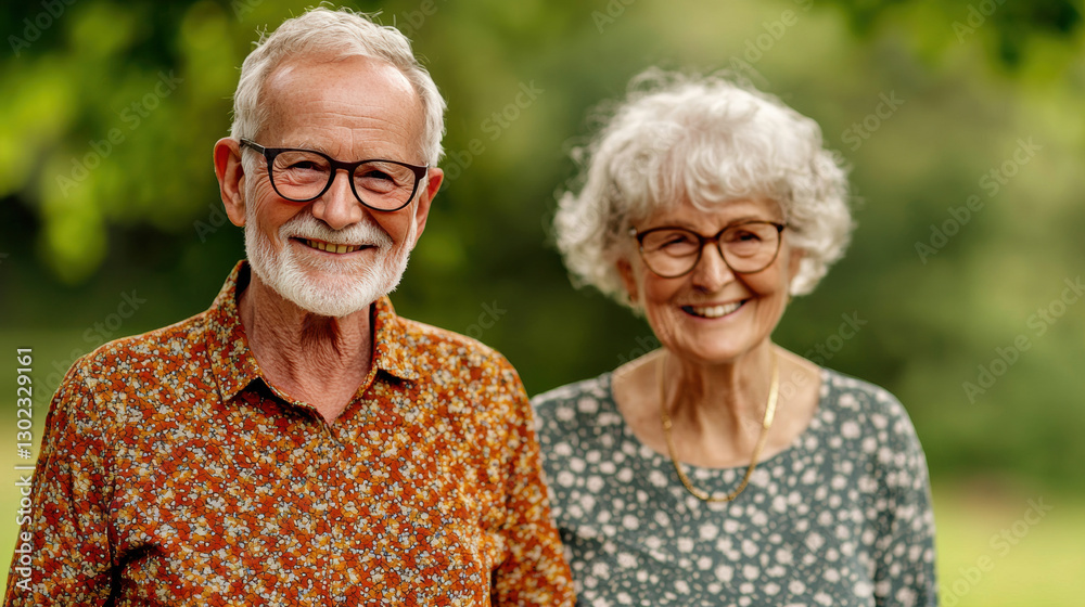 Statin Cholesterol Reduction. Smiling elderly couple in nature, wearing glasses and casual clothing. Statin Cholesterol Reduction. Smiling elderly couple in nature, wearing glasses and casual clothing.