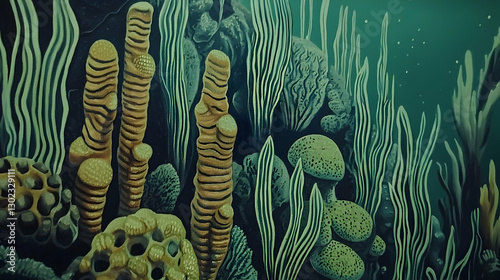 Fototapeta Naklejka Na Ścianę i Meble -  Underwater coral reef scene, vibrant orange-yellow coral, lush green seaweed, dark blue ocean background.  Possible use  Nature wallpaper, desktop background, book cover, educational material