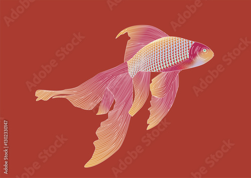 A strikingly beautiful goldfish with a blend of pink and golden hues gracefully swims against a vivid red backdrop, its flowing fins adding an air of elegance.