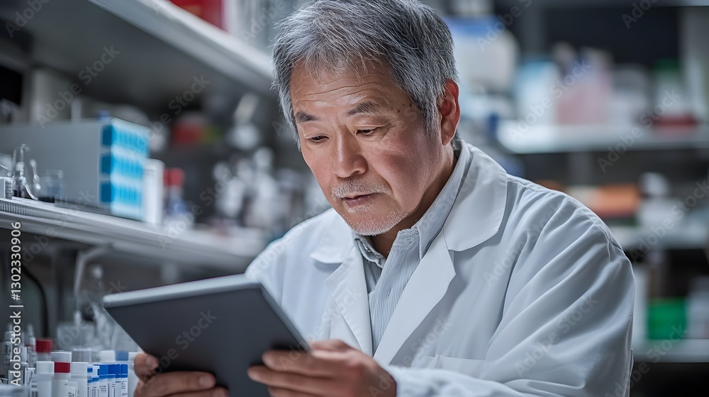 Professional man in lab coat analyzing information on tablet in scientific environment Professional man in lab coat analyzing information on tablet in scientific environment