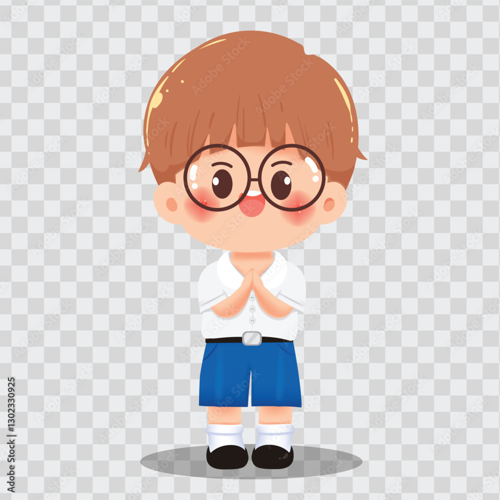 Cute Thai School Boy Greeting with Wai Vector Illustration Cute Thai School Boy Greeting with Wai Vector Illustration