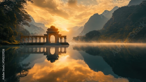 Sunrise over tranquil lake, mountain arch reflection, misty dawn, serene nature scene, travel photography