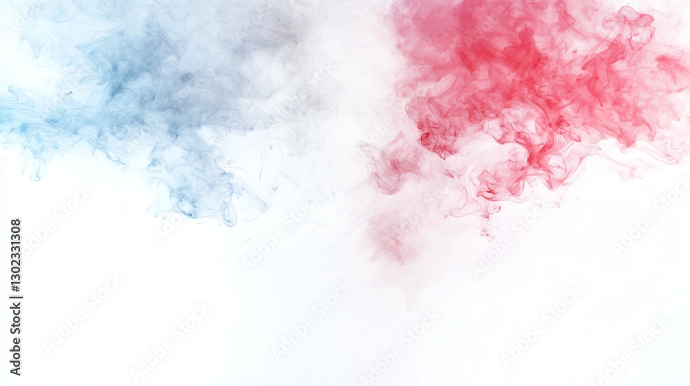 Obraz premium Colorful red and blue smoke clouds against a white background creating a vibrant and dynamic abstract effect.
