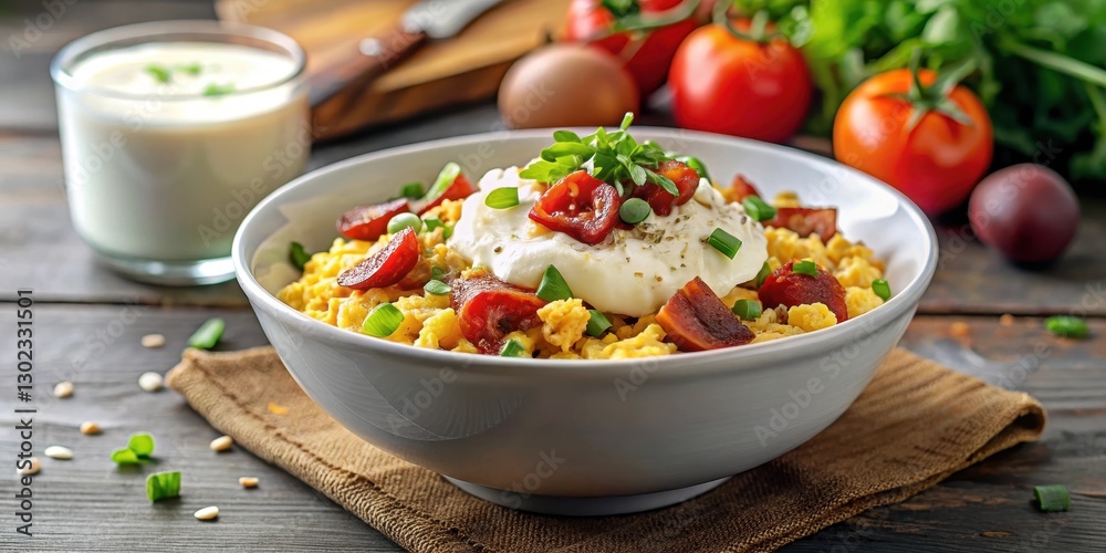 Steaming hot breakfast bowl with scrambled eggs, crispy bacon, and fresh vegetables Steaming hot breakfast bowl with scrambled eggs, crispy bacon, and fresh vegetables