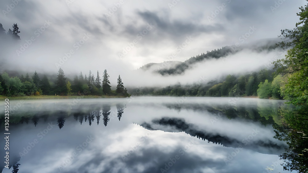 Fototapeta premium Calm lake surrounded by fog with reflections of distant trees and mountains creating a dreamlike scene