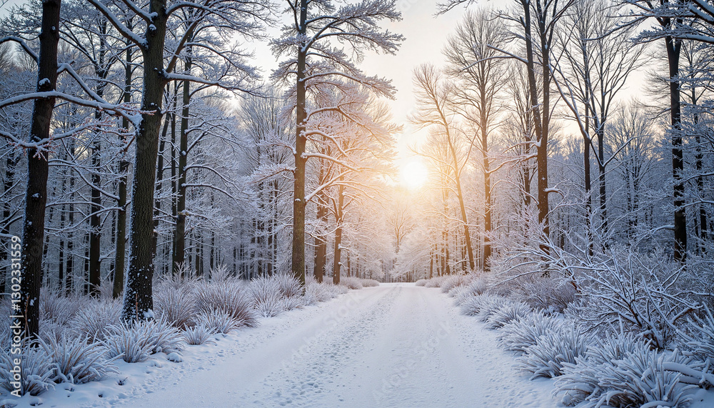 Fototapeta premium Misty winter pathway through snowy woodland at sunset, peaceful serenity