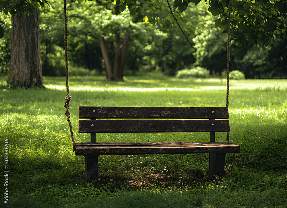 A Tranquil Escape, Empty Wooden Swing Seat Hanging from a Lush Tree in a Sun-Drenched Park, inviting Relaxation and Serenity Amidst Nature's Embrace A Tranquil Escape, Empty Wooden Swing Seat Hanging from a Lush Tree in a Sun-Drenched Park, inviting Relaxation and Serenity Amidst Nature's Embrace