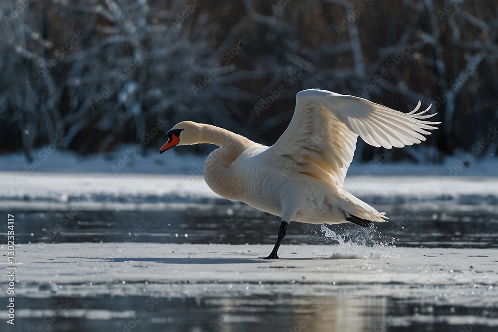 Fototapeta premium A beautiful white swan gliding over a frozen lake.