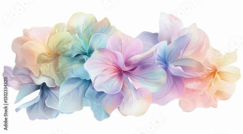 Pastel-colored hydrangea bouquet on a white background, soft floral arrangement for romantic occasions