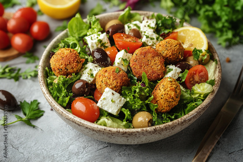 Mediterranean falafel salad with crispy chickpea fritters, olives, feta, and lemon dressing