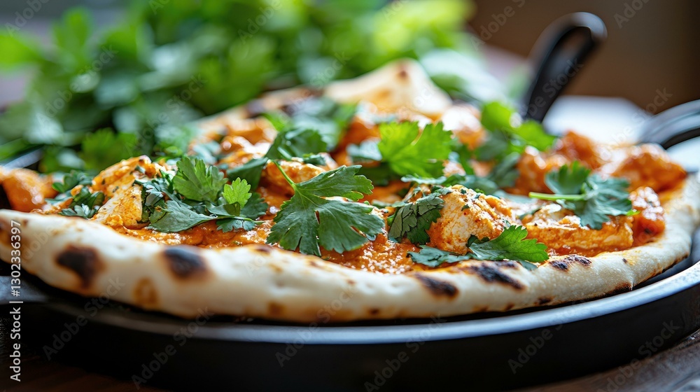 Explore the rich and vibrant flavors of Indian cuisine with this delectable dish featuring tender chicken in a creamy sauce, garnished with fresh cilantro and served with warm naan bread.