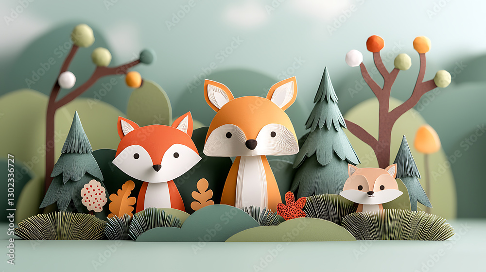 Obraz premium Whimsical woodland animals gather in a serene forest papercut scene charming art installation tranquil environment artistic viewpoint