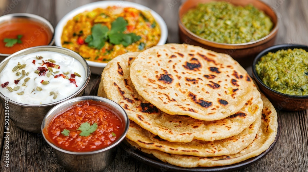 A tempting assortment of traditional Indian cuisine featuring freshly made flatbreads, vibrant curries, and flavorful sides that showcase the rich culinary heritage of India.