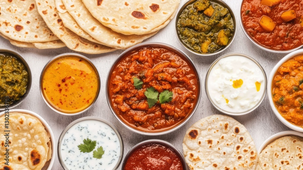 A vibrant spread of traditional Indian food with various curries, lentils, chapatis, and accompaniments beautifully arranged, showcasing the diversity of flavors in Indian cuisine.