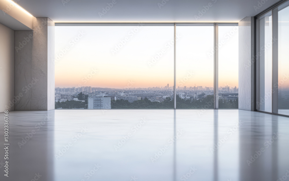 Fototapeta premium Modern interior with panoramic view of city skyline during sunset