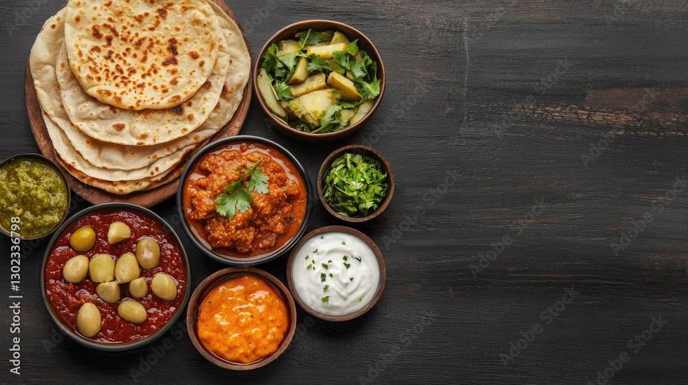 A colorful assortment of traditional Indian dishes featuring flatbreads, various curries, and chutneys presented on a rustic wooden table, perfect for showcasing vibrant culinary delights.