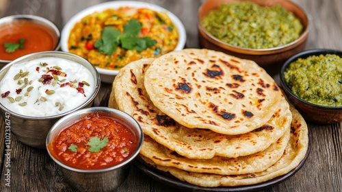 Obraz na płótnie A tempting assortment of traditional Indian cuisine featuring freshly made flatbreads, vibrant curries, and flavorful sides that showcase the rich culinary heritage of India. w salonie