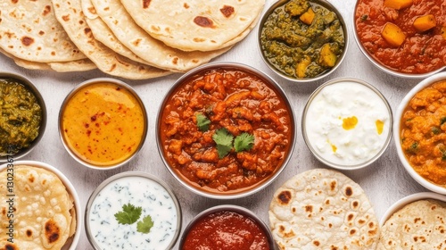 Obraz na płótnie A vibrant spread of traditional Indian food with various curries, lentils, chapatis, and accompaniments beautifully arranged, showcasing the diversity of flavors in Indian cuisine. w salonie