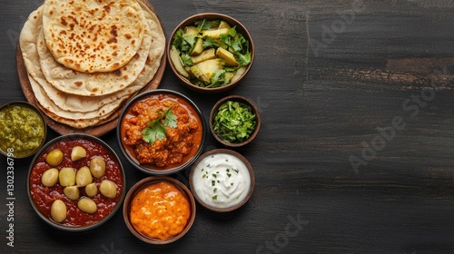A colorful assortment of traditional Indian dishes featuring flatbreads, various curries, and chutneys presented on a rustic wooden table, perfect for showcasing vibrant culinary delights.