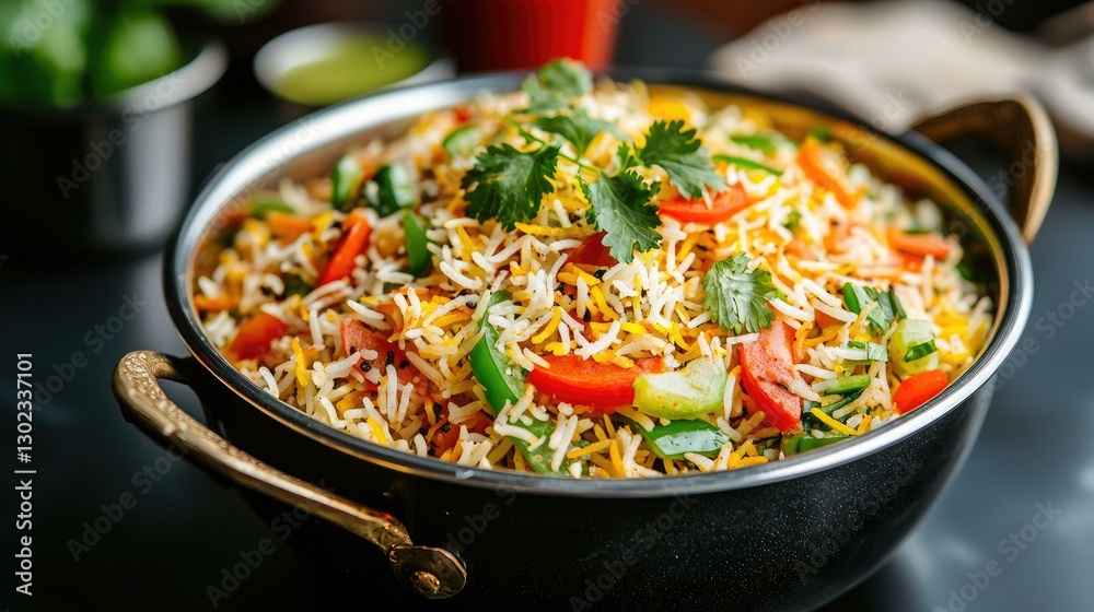 A vibrant and delicious serving of Indian Biryani, featuring fragrant basmati rice, aromatic spices, and colorful vegetables, perfect for a festive meal or everyday dining.