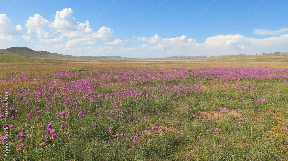 Obraz premium Vast field of purple wildflowers under a blue sky. Perfect for illustrating nature, spring, or travel themes.