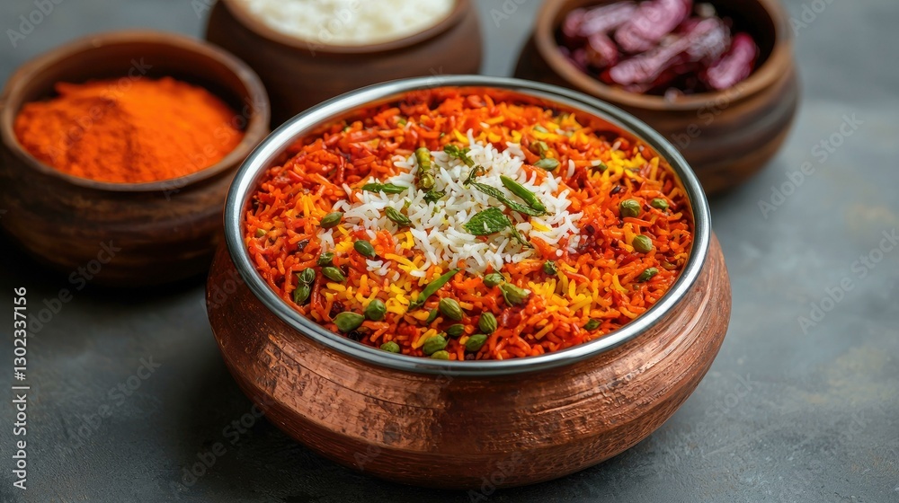 A vibrant display of traditional Indian Biryani cuisine featuring colorful spices and a flavorful rice dish in a clay bowl, showcasing the rich culinary heritage and aromatic ingredients of India.