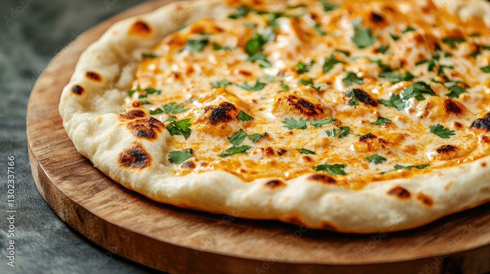 Tandoori Naan with Cheese and Herbs: A Delicious Indian Bread with a Golden Brown Crust, Soft Texture, Garnished with Fresh Green Coriander, Perfectly Baked on a Traditional Tandoor Oven.