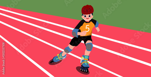 A determined young athlete, donning a numbered jersey, a vibrant red helmet, and essential protective gear, smoothly maneuvers on roller skates along the vividly - lined red track, embracing the thril
