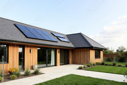 A Modern Sustainable house with sleek solar panels integrated into a flat roof, framed by minimalist landscaping.