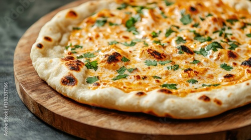 Obraz na płótnie Tandoori Naan with Cheese and Herbs: A Delicious Indian Bread with a Golden Brown Crust, Soft Texture, Garnished with Fresh Green Coriander, Perfectly Baked on a Traditional Tandoor Oven. w salonie
