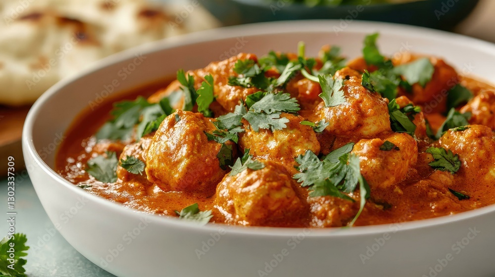 A vibrant and delicious bowl of Indian Butter Chicken, garnished with fresh coriander, served alongside warm naan and a colorful backdrop perfect for showcasing the rich culinary traditions of India.