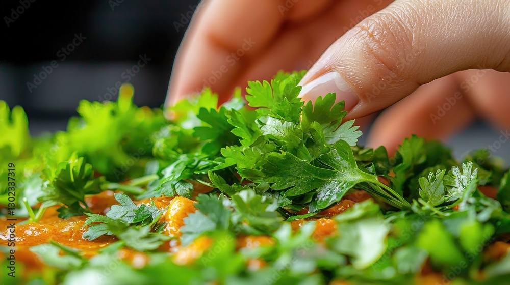 A close-up view of fresh cilantro being sprinkled onto a vibrant Indian dish, enhancing both flavor and presentation, showcasing the art of Indian cuisine in a colorful and appetizing manner.