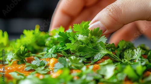 Obraz na płótnie A close-up view of fresh cilantro being sprinkled onto a vibrant Indian dish, enhancing both flavor and presentation, showcasing the art of Indian cuisine in a colorful and appetizing manner. w salonie