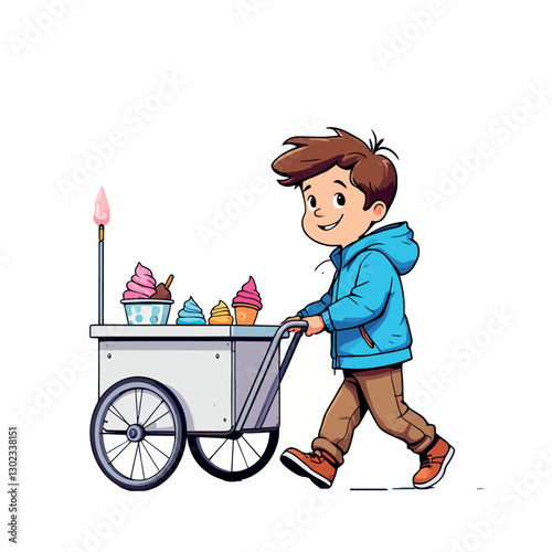 Young ice cream vendor pushing cart with colorful frozen treats