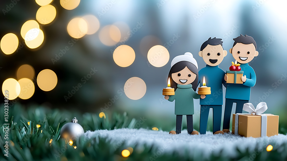 Fototapeta premium Family celebrating a festive holiday in a cozy setting papercut style joyful atmosphere winter wonderland close-up view togetherness concept