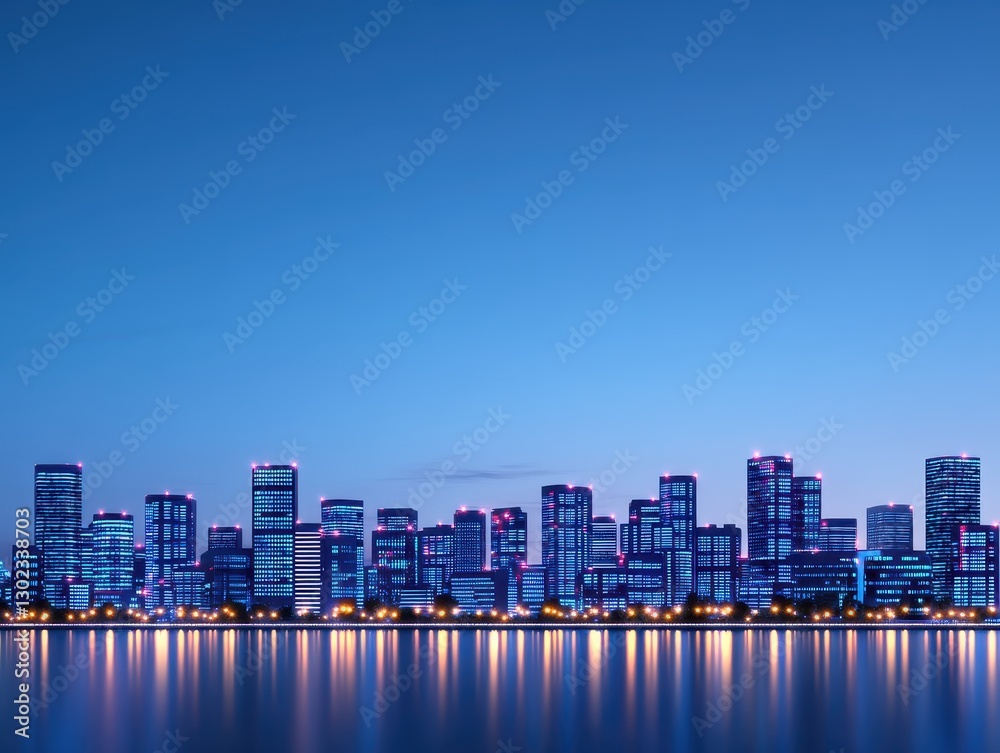 Fototapeta premium Modern city skyline at dusk with illuminated buildings reflecting on water