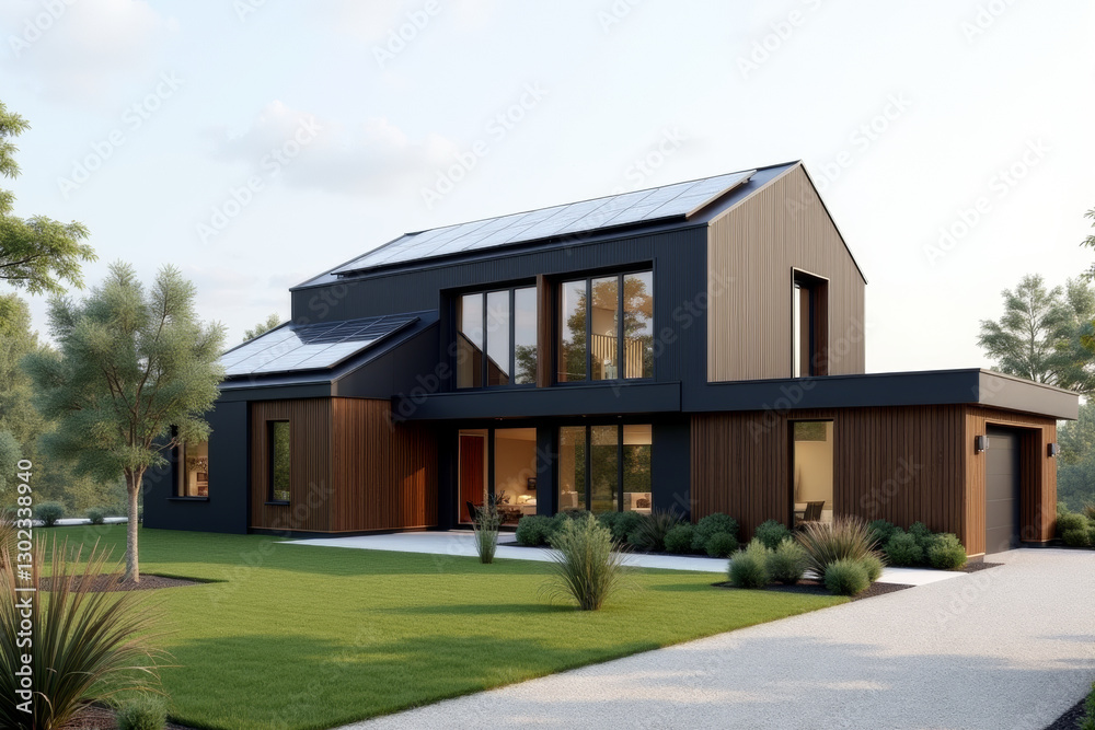 custom made wallpaper toronto digitalA Modern Sustainable house with sleek solar panels integrated into a flat roof, framed by minimalist landscaping.