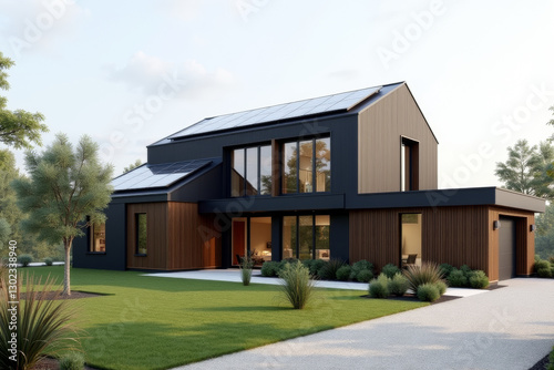 Wallpaper Mural A Modern Sustainable house with sleek solar panels integrated into a flat roof, framed by minimalist landscaping. Torontodigital.ca