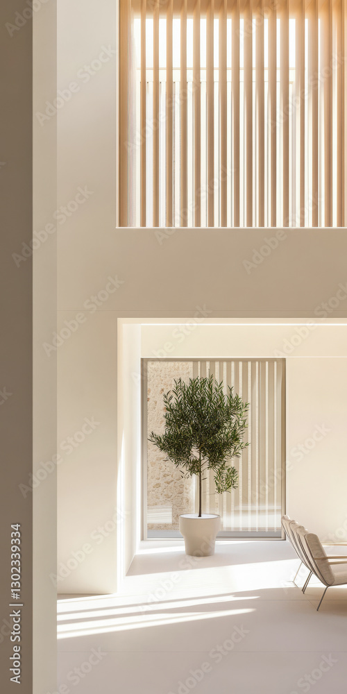 Fototapeta premium Modern minimalist interior with natural light and indoor plant in spacious living area